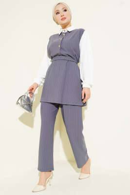 Pazarium - Garnili Çizgili İkili Takım Kayrak Grisi