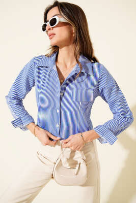 Pazarium - Göğüs Cep Kapaklı Kısa Gömlek Saks