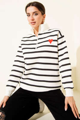 Pazarium - Yaka Fermuarlı Çizgili Üç İplik Sweatshirt Siyah