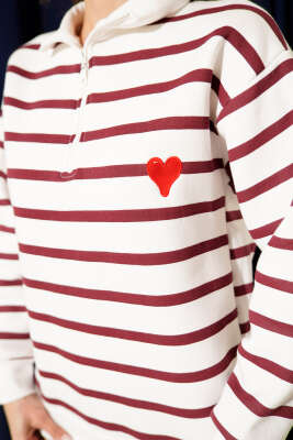 Yaka Fermuarlı Çizgili Üç İplik Sweatshirt Bordo - Thumbnail