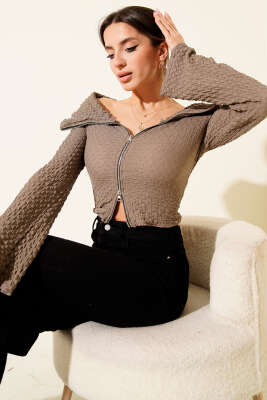 Pazarium - Madonna Yaka Gofre Bluz Vizon