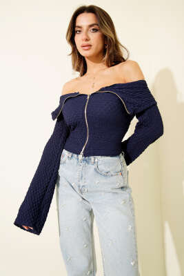 Pazarium - Madonna Yaka Gofre Bluz Lacivert