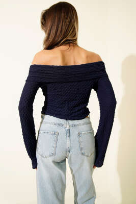 Madonna Yaka Gofre Bluz Lacivert - Thumbnail