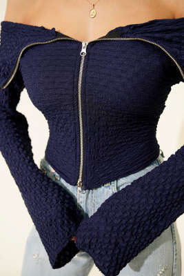 Madonna Yaka Gofre Bluz Lacivert - Thumbnail