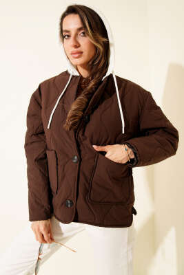 Kapüşonlu Düğmeli Kapitone Ceket Kahve - Thumbnail