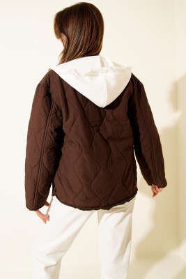 Kapüşonlu Düğmeli Kapitone Ceket Kahve - Thumbnail