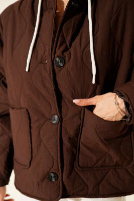 Kapüşonlu Düğmeli Kapitone Ceket Kahve - Thumbnail