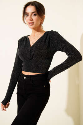 Pazarium - Çapraz Yaka Simli Bluz Siyah