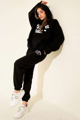 Pazarium - Baskılı Kapüşonlu Üç İplik Sweat İkili Takım Siyah