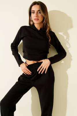 Pazarium - Nakışlı Kapüşonlu Crop İkili Takım Siyah