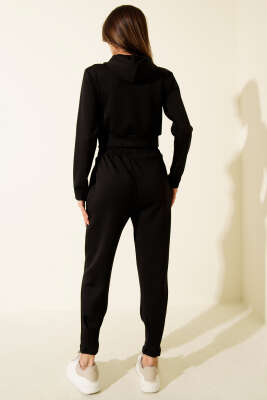 Nakışlı Kapüşonlu Crop İkili Takım Siyah - Thumbnail