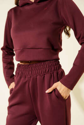 Nakışlı Kapüşonlu Crop İkili Takım Mürdüm - Thumbnail