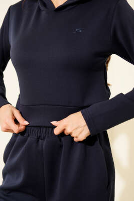 Nakışlı Kapüşonlu Crop İkili Takım Lacivert - Thumbnail