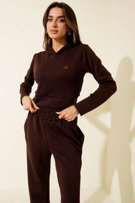 Nakışlı Kapüşonlu Crop İkili Takım Kahve - Thumbnail