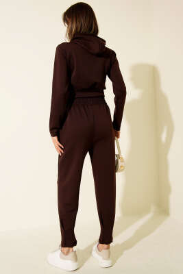 Nakışlı Kapüşonlu Crop İkili Takım Kahve - Thumbnail