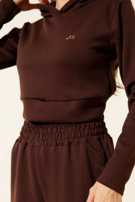 Nakışlı Kapüşonlu Crop İkili Takım Kahve - Thumbnail