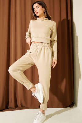 Nakışlı Kapüşonlu Crop İkili Takım Bej - Thumbnail