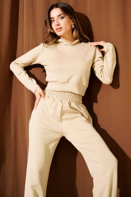 Nakışlı Kapüşonlu Crop İkili Takım Bej - Thumbnail