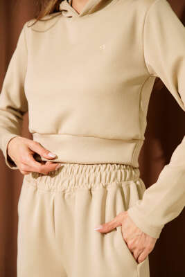 Nakışlı Kapüşonlu Crop İkili Takım Bej - Thumbnail