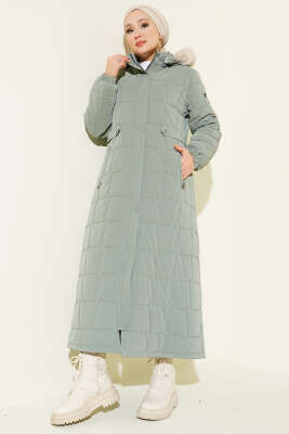 Pazarium - Kapüşonlu Kare Kapitone Uzun Mont Çağla Yeşili