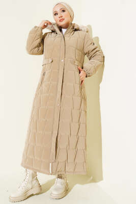 Pazarium - Kapüşonlu Kare Kapitone Uzun Mont Bej