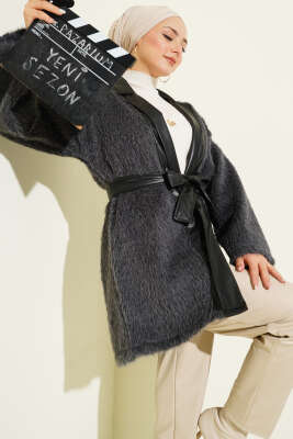 Pazarium - Deri Garnili Sakallı Ceket Füme