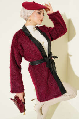 Pazarium - Deri Garnili Sakallı Ceket Bordo