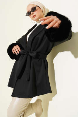 Pazarium - Şal Yaka Bilek Kürklü Scuba Hırka Siyah