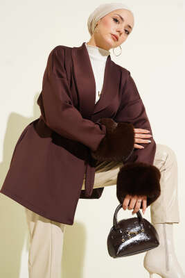 Pazarium - Şal Yaka Bilek Kürklü Scuba Hırka Kahve