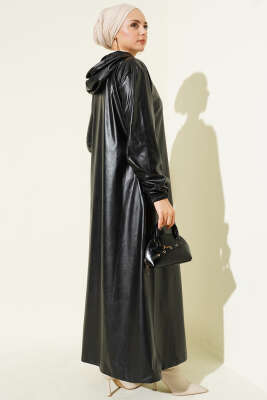  Deri Kol Lastikli Trençkot Siyah - Thumbnail