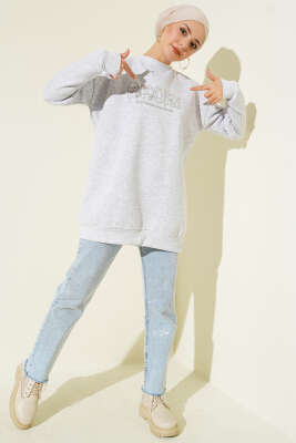 Pazarium - Önü Nakışlı Üç İplik Tunik Gri