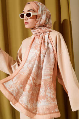 Pazarium - Manzara Desen Bambu Kraş Şal Latte