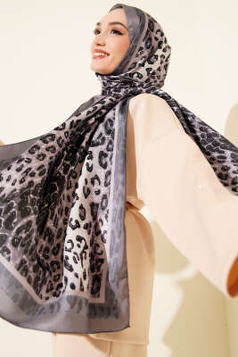 Pazarium - Leopar Desen İpekTwill Şal Gri