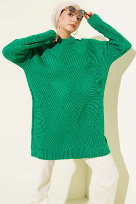 Pazarium - Çizgi Baklava Desen Triko Tunik Zümrüt