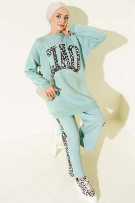 Pazarium - Ciao Leopar Yazılı Üç İplik İkili Takım Çağla Yeşili