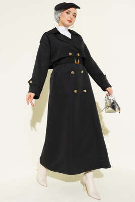 Pazarium - Kruvaze Pelerinli Kuşaklı Trençkot Siyah