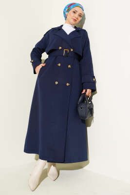 Pazarium - Kruvaze Pelerinli Kuşaklı Trençkot Lacivert