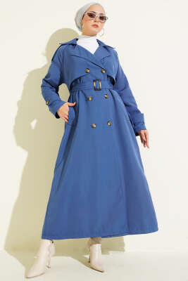 Pazarium - Kruvaze Pelerinli Kuşaklı Trençkot İndigo