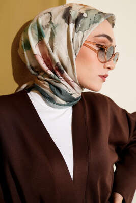 Pazarium - Ebruli Çiçekli Bambu Kraş Eşarp Zümrüt