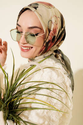 Pazarium - Ebruli Çiçekli Bambu Kraş Eşarp Çağla Yeşili