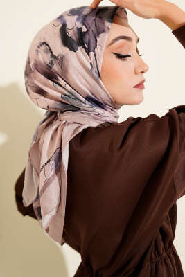 Pazarium - Ebruli Çiçekli Bambu Kraş Eşarp Bej