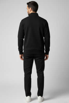 Selanik Yarım Fermuarlı Erkek Sweatshirt Siyah - Thumbnail