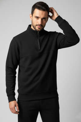 Selanik Yarım Fermuarlı Erkek Sweatshirt Siyah - Thumbnail