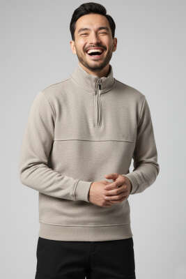 Selanik Yarım Fermuarlı Erkek Sweatshirt Vizon - Thumbnail