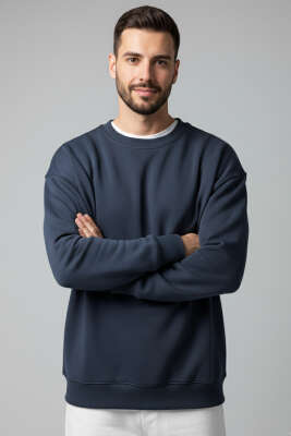 Pazarium - Basic Bisiklet Yaka Erkek Sweatshirt Lacivert