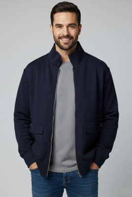 Pazarium - Fermuarlı Triko Erkek Hırka Lacivert