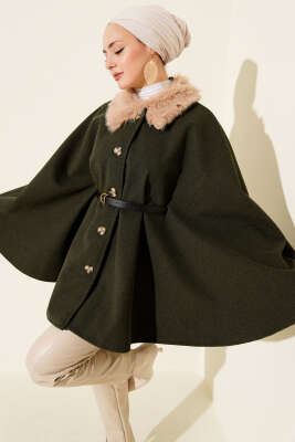 Pazarium - Yaka Kürklü Düğmeli Panço Haki