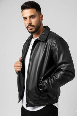 Pazarium - Beli Lastikli Erkek Deri Mont Siyah