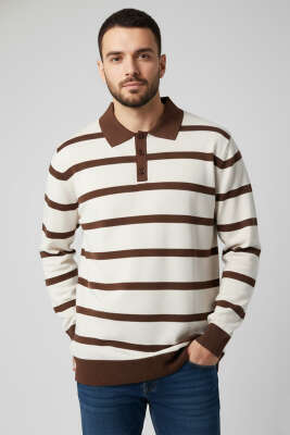 Pazarium - Düğmeli Polo Yaka Renkli Triko Kazak Bej