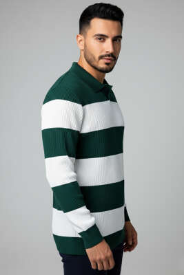 Pazarium - Polo Açık Yaka Erkek Triko Kazak Yeşil